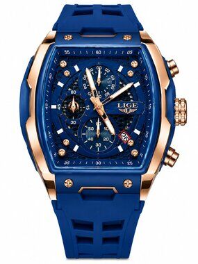 WA-23--LIGE Men's Blue Tonneau Chronograph Watch LG89148 Rose Gold Quartz Date L